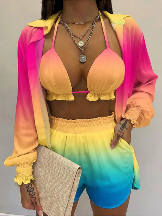 Fashion Print Short Three Piece Set Women Sexy Camisole Shirt Cardigan Shorts 3 Piece Sets Female Casual Beach Vacation Clothing
