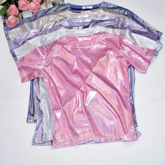 Women Bright T-shirt Silk Shiny Flash Short Sleeve Female Tide Big Shirts Student Thin Glitter Reflective Fashion Lady Clothes