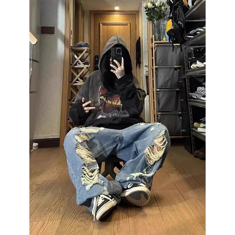 Baggy Ripped Jeans Women Low Rise Gyaru Wide Denim Pants Streetwear Fashion Jeans
