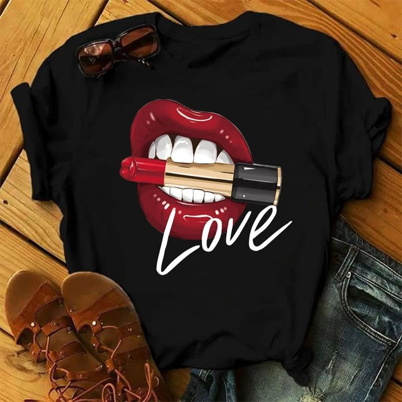Sexy And Hot Red Lips Graphic T-shirt Women Clothing 3D Print Fashion Leopard Lover Gesture Tee Shirts Summer Harajuku Leisure