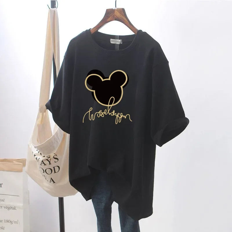 Black Mickey Mouse graphic tee with gold outline, cozy loungewear style, paired with jeans and tote bag