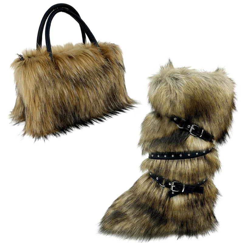 Women's Luxury Velvet Warm Fur Snow Boots Mid-Calf Imitation Raccoon Hair Handbag Two-Piece Set Fashionable Faux Fur Booties