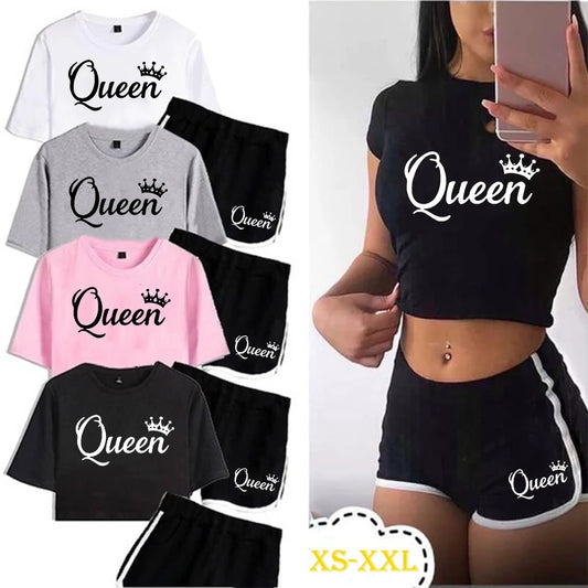 Summer Fashion Women's Queen Print Tracksuit 2 Piece Set: Eye-Catching Short Crop Tops with Shorts Pants Ideal for Sports Outfits