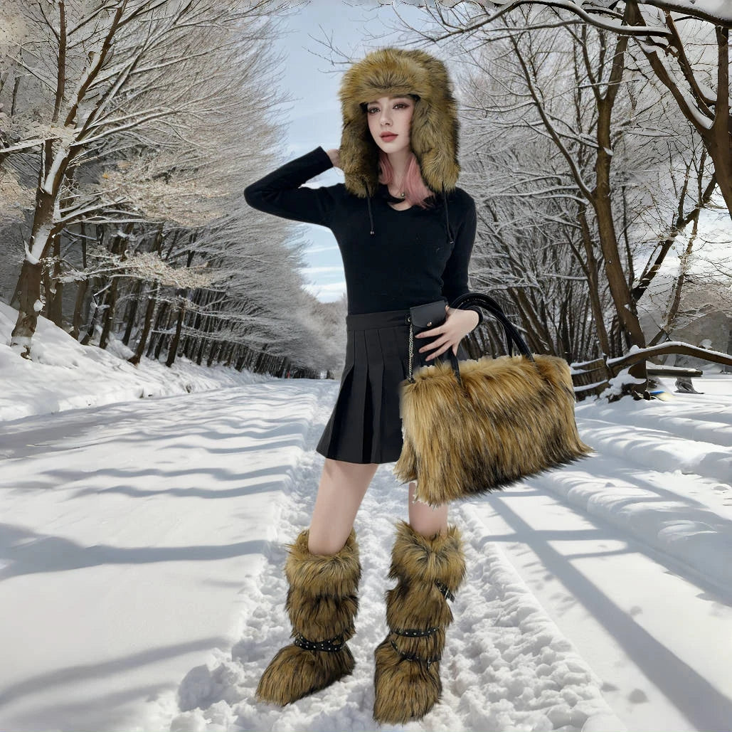Women's Luxury Velvet Warm Fur Snow Boots Mid-Calf Imitation Raccoon Hair Handbag Two-Piece Set Fashionable Faux Fur Booties