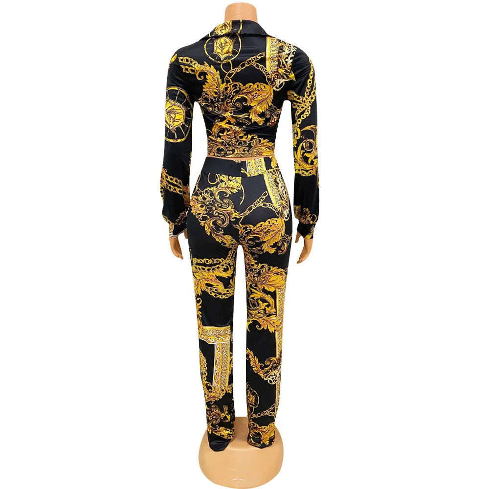 CM.YAYA Women's Paisley Chain 2 Piece Set Streetwear Outfits Tie up Shirt & Wide Leg Pants Luxury Junior Fit Autumn/Winter