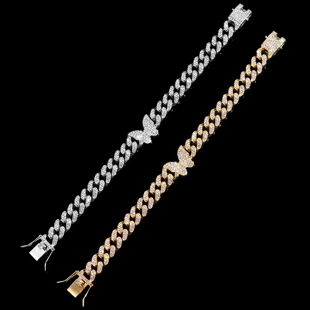 Fashion Shine Crystal Butterfly Miami Anklets for Women Iced Out Bling Link Chain Ankle Bracelet Beach Jewelry