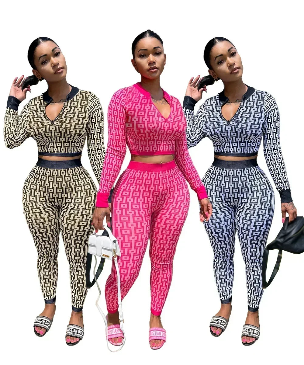 2 Pieces Women Two Piece Outfits 2024 Geometric Printed Crop Top Long Pants Sets Womans Tracksuits Suits Set