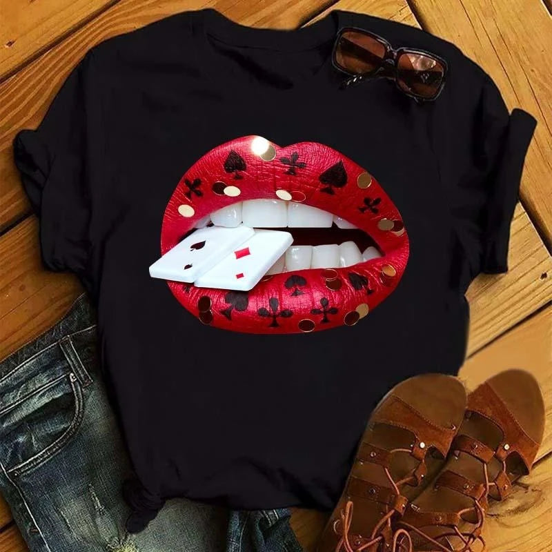 Sexy And Hot Red Lips Graphic T-shirt Women Clothing 3D Print Fashion Leopard Lover Gesture Tee Shirts Summer Harajuku Leisure