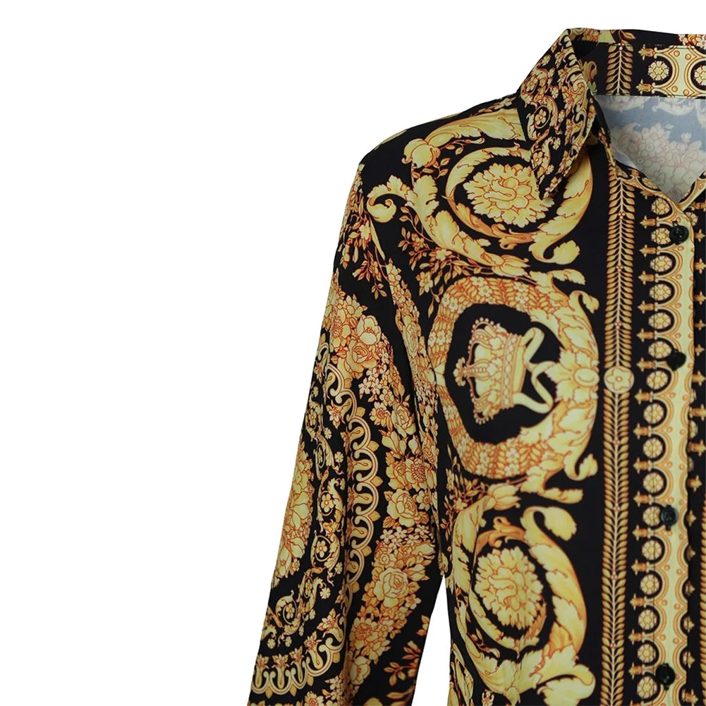 Women Autumn Clothes Floral Vintage Lapel Long-Sleeves Form-Fitting Skirt with Button Open for Ladies
