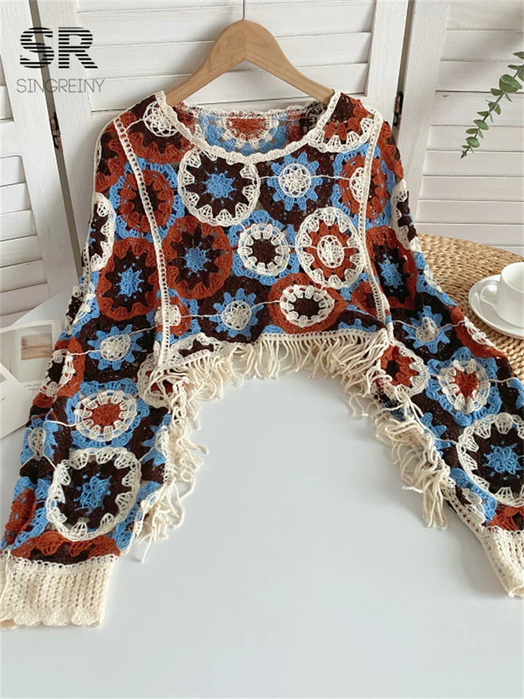 SINGREINY Loose Summer Knit Top Women Long Sleeve O Neck Fashion 2024 Elegant Hollow Out Ladies Casual Tassel Beach Blouse