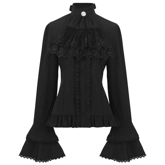 Elegant French Style Women's Long Sleeve Lace Embroidery Ruffles Bandage Top: Solid Shirt Stand Flare Gothic Vintage Blouse