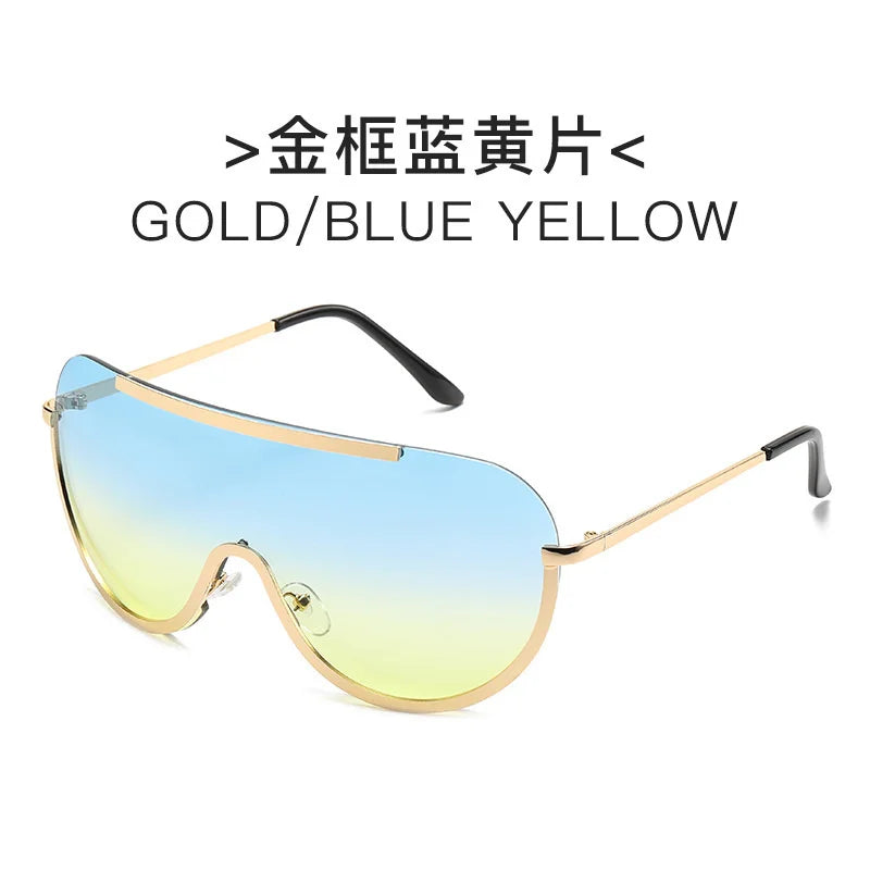 Oversized Punk Sunglasses for Women Metal Semi-Rimless Big Shades with Shield Lens Gradient Photochromic UV400 Fashion Eyewear