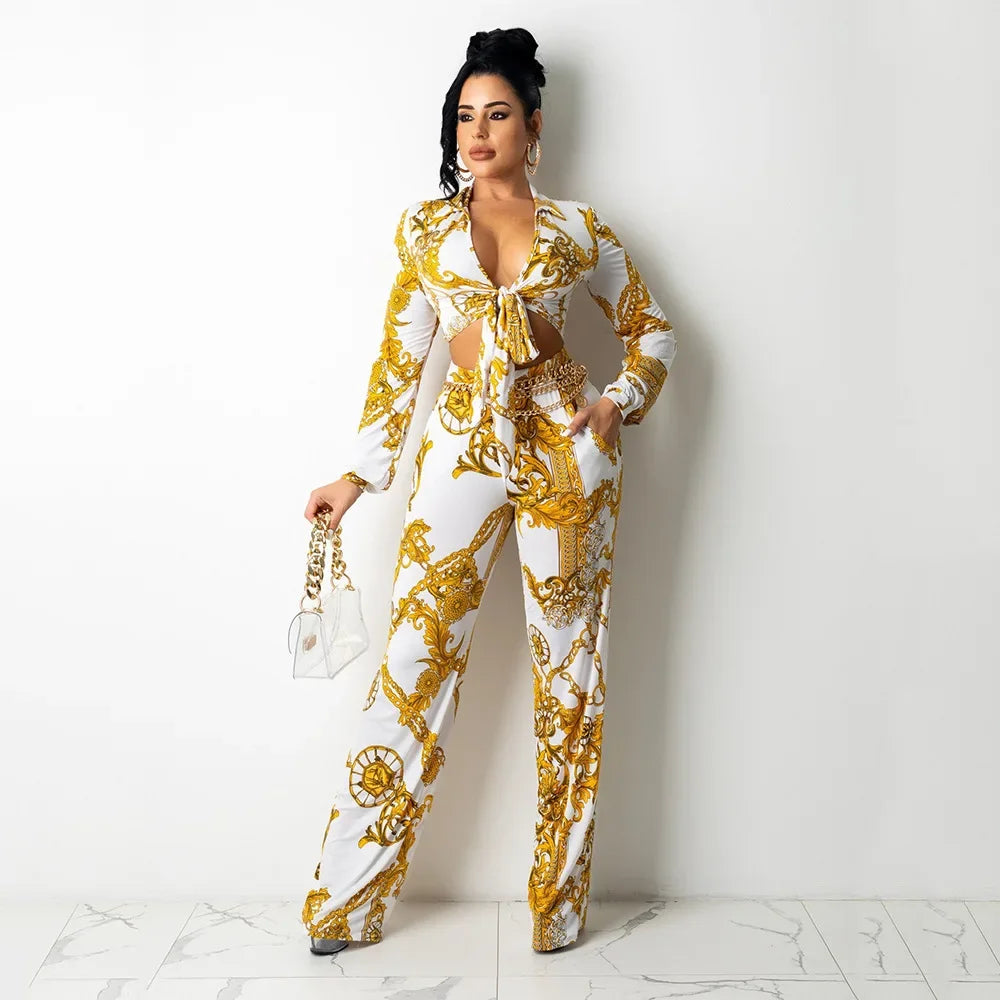 CM.YAYA Women's Paisley Chain 2 Piece Set Streetwear Outfits Tie up Shirt & Wide Leg Pants Luxury Junior Fit Autumn/Winter