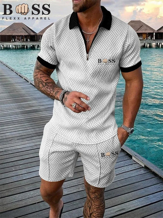 New 2024 Men's Polo Suit Fashion Men Sets Solid Summer V-neck Zipper Short Sleeve POLO Shirt+Shorts Two Pieces Men Casual Suit