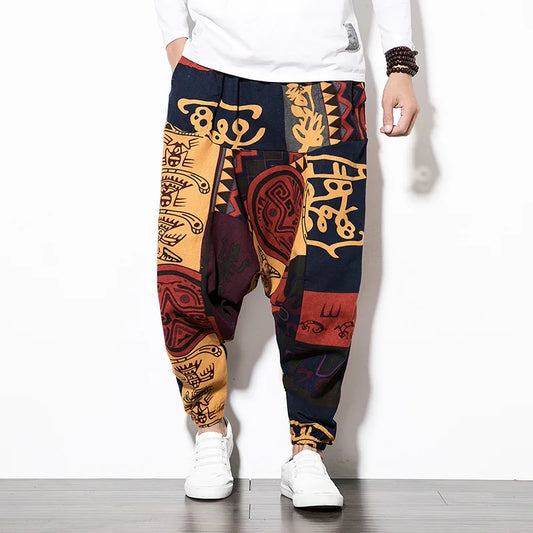 Cotton Linen Harem Pants Men Elastic Waist Streetwear Floral Joggers 2023 New Baggy Drop-crotch Pants Casual Trousers Men