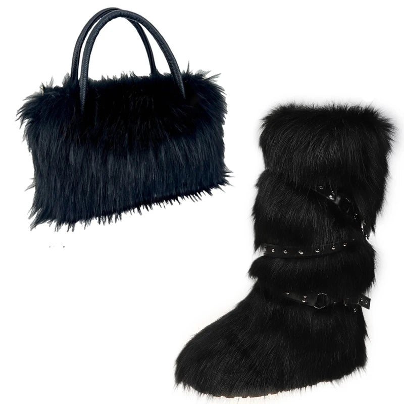 Women's Luxury Velvet Warm Fur Snow Boots Mid-Calf Imitation Raccoon Hair Handbag Two-Piece Set Fashionable Faux Fur Booties
