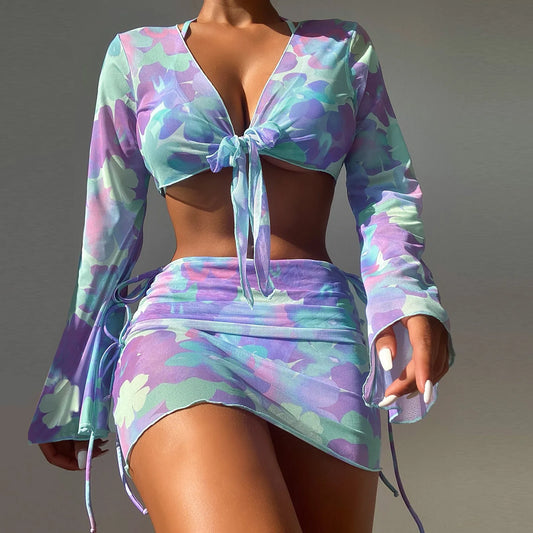 Women's Purple Split Swimsuit Neck Tie up Bikini Set with Skirt And Shorts Bottoms Junior Size Polyester Beachwear