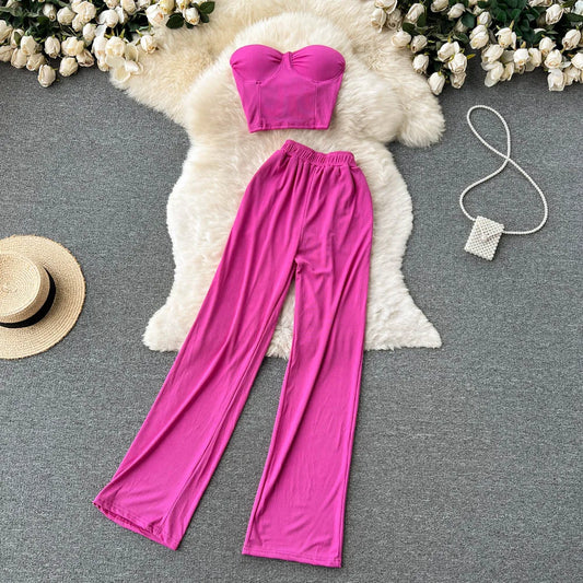 Chic Two Pieces Sets Sexy Strapless Tube Crop Top Tank Top and Elastic High Waist Wide Leg Pants Women Casual Summer Sets Y2k
