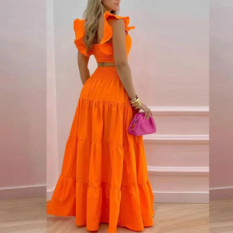 New Sexy Solid Two Suit Dress Women's Fashion Casual Loose Top Maxi Dress 2 Piece Set Female Elegant Holiday Sets 2024 Summer