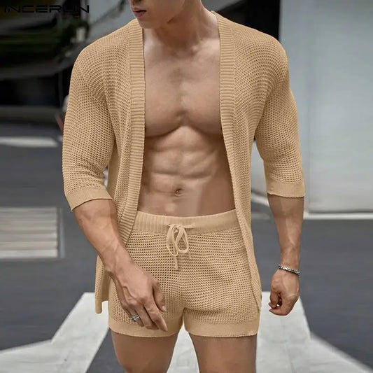 Men Sets Solid Color Streetwear Summer Half Sleeve Cardigan & Drawstring Shorts Two Pieces Sets 2023 Men's Casual Suits INCERUN
