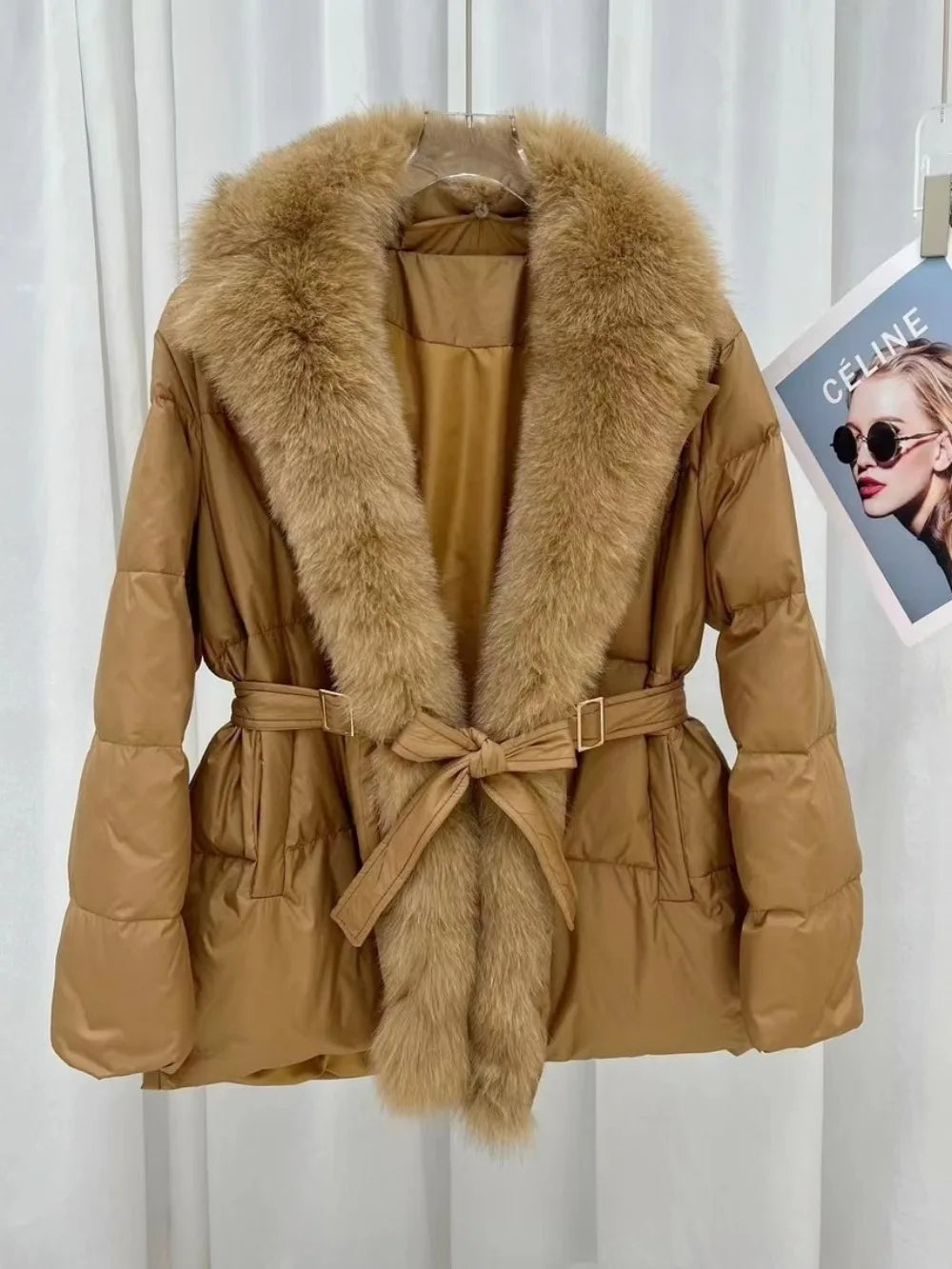 2024 Winter New Luxury Natural Fox Fur Collar White Goose Down Jacket Women Warm Parkas Slim Coat with Belt Outwear  Female