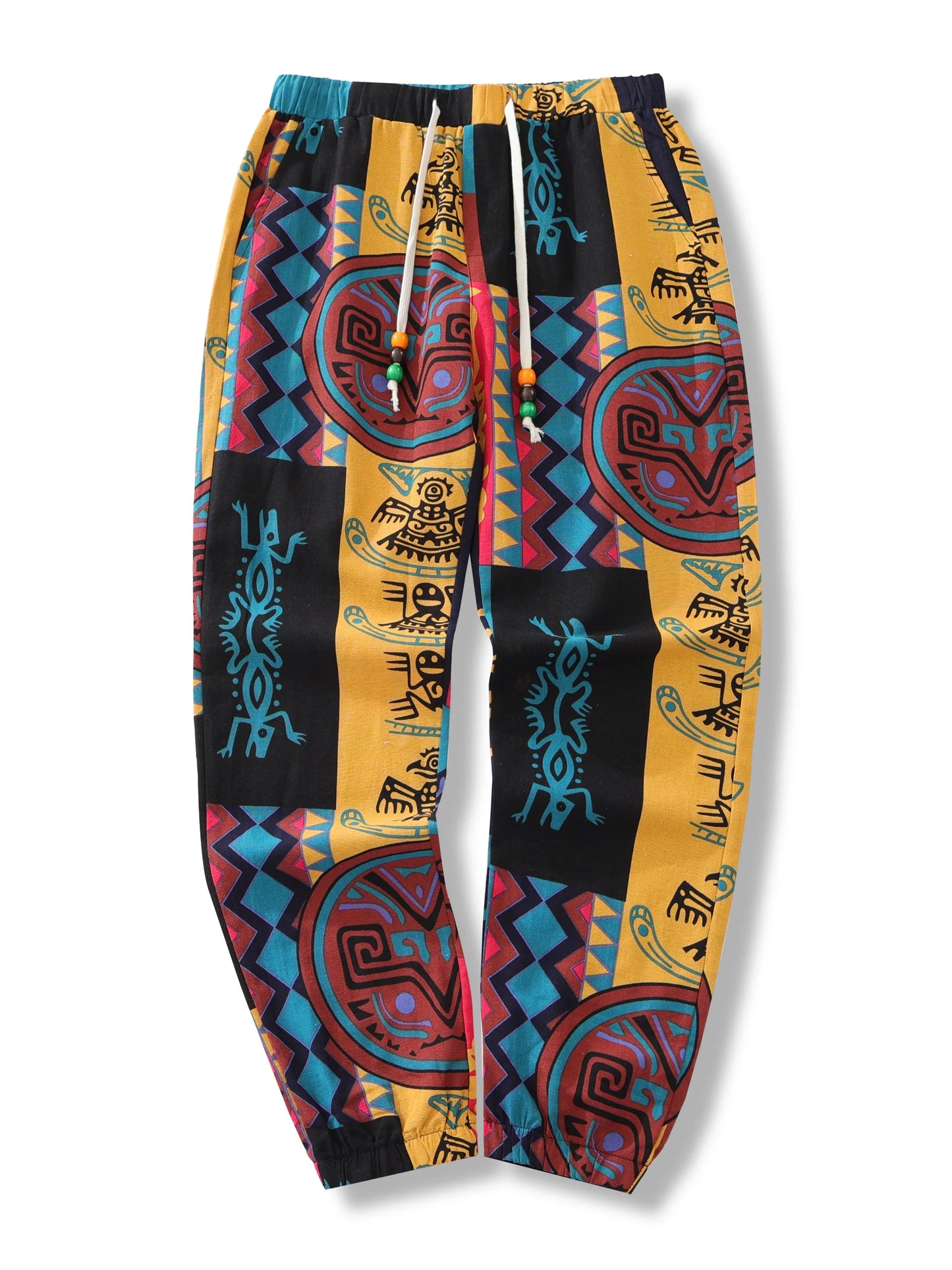 Mens Boho Tribal Print Stretch Linen Pants With Cotton Blend Drawstring LightWeight with Pockets Summer Jogger Pants