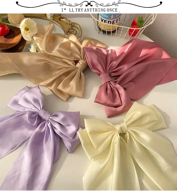 Solid Color Satin Ribbon Big Bows Hairpin Spring Clips Hair Accessories for Women Girls Trendy Korean Summer Headwear 2024