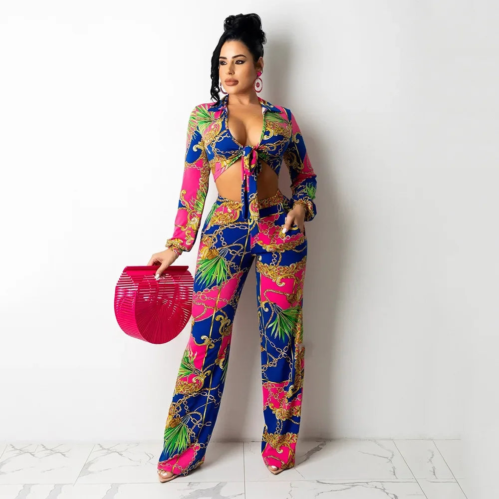 CM.YAYA Women's Paisley Chain 2 Piece Set Streetwear Outfits Tie up Shirt & Wide Leg Pants Luxury Junior Fit Autumn/Winter