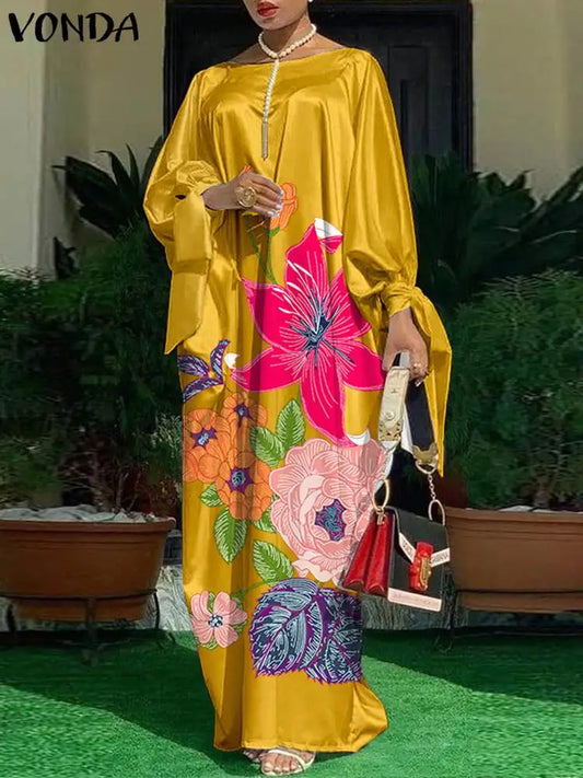 Bohemian Plus Size Dress VONDA  Women O-Neck Long Sleeve Satin Party Dress Vintage Casual Floral Printed Maxi Long Sundress