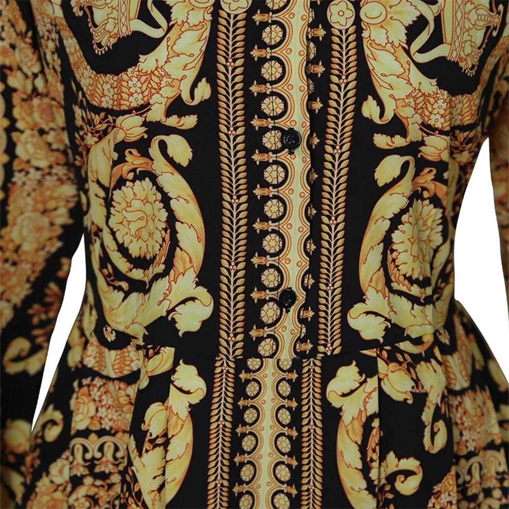 Women Autumn Clothes Floral Vintage Lapel Long-Sleeves Form-Fitting Skirt with Button Open for Ladies