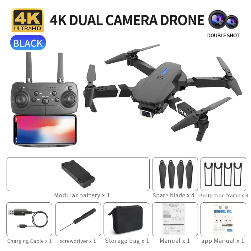 Concierge tiers displayed with 4K dual camera drone, remote control, and included accessories.