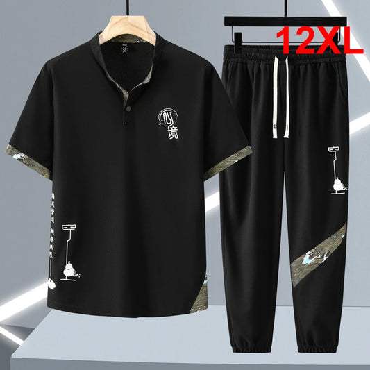 Tracksuits Plus Size 12XL Men's Sets Fashion Casual Chinese Traditional Style T-shirts Pants Suits Male Sets Big Size