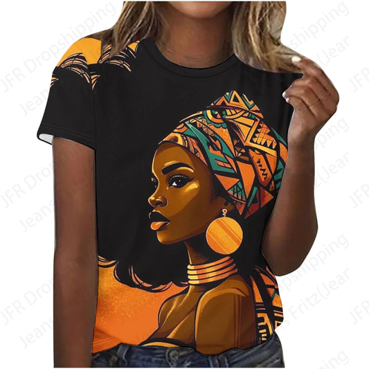 Sexy 3D Print Africa Women T-Shirt Black Large Size Short Sleeve Fashion Top for Females Eye Catching Graphic Design