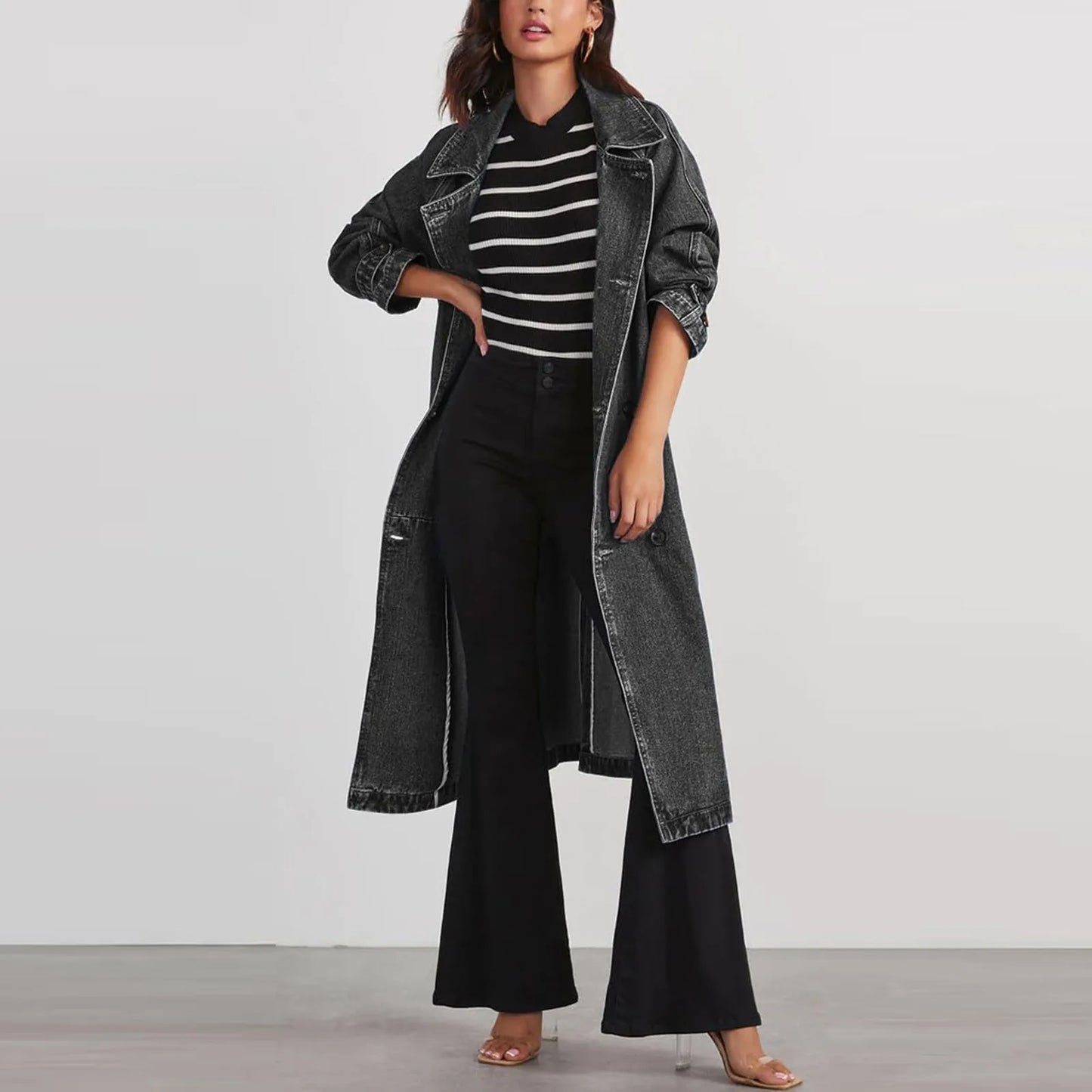 Women's Vintage Deep Blue Midi Long Jean Jacket Spring New Loose Fit Double Breasted Denim Jacket Trench Coat With Belts