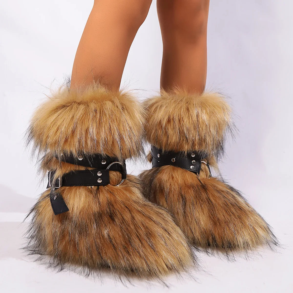 Women's Luxury Velvet Warm Fur Snow Boots Mid-Calf Imitation Raccoon Hair Handbag Two-Piece Set Fashionable Faux Fur Booties