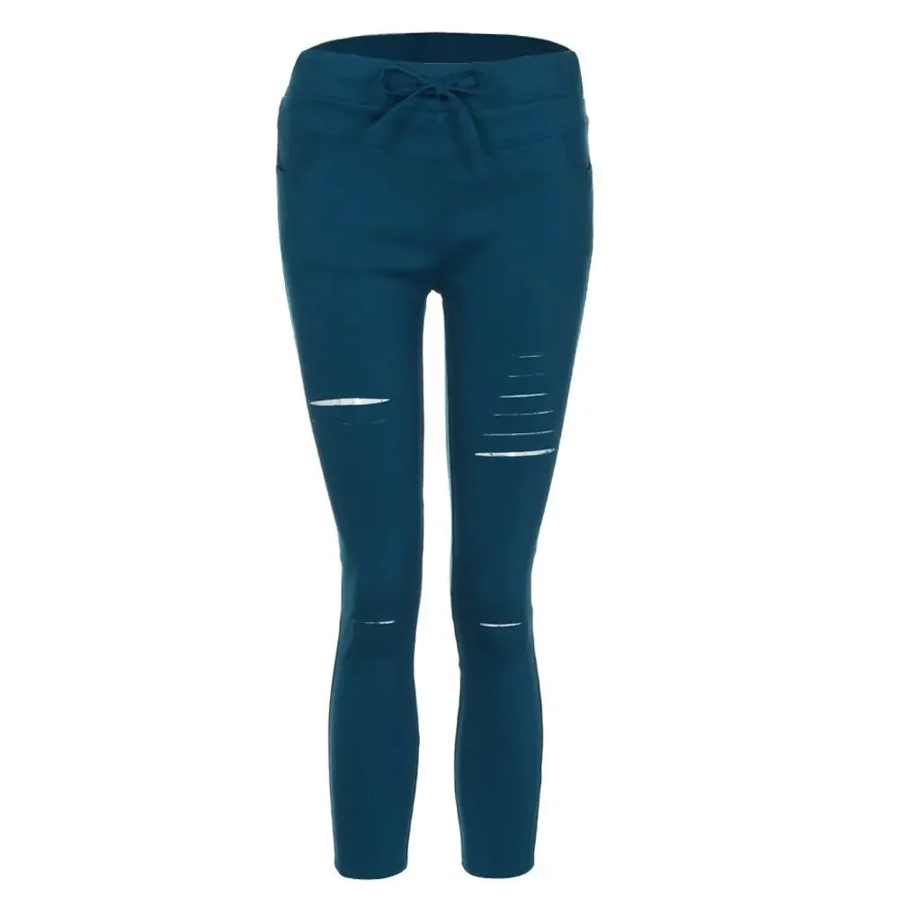 Women's plus Size Ripped Stretch Jeans Pencil Pants Casual Mid-Waist Ankle-Length Trousers
