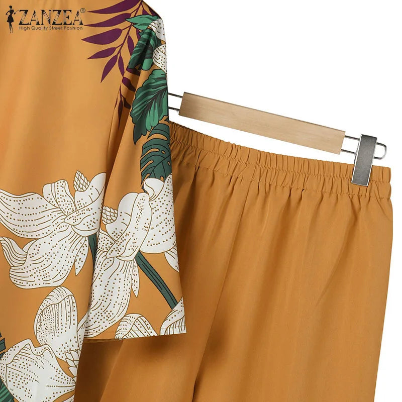 ZANZEA 2PCS Fashion Short Sleeve Floral Blouse Pant Sets Women Office Work Suit Summer Tracksuits Elegant Matching Sets Oversize