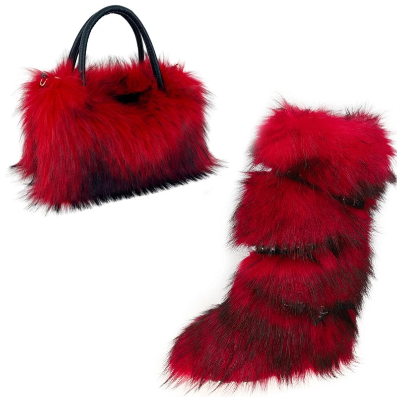 Women's Luxury Velvet Warm Fur Snow Boots Mid-Calf Imitation Raccoon Hair Handbag Two-Piece Set Fashionable Faux Fur Booties