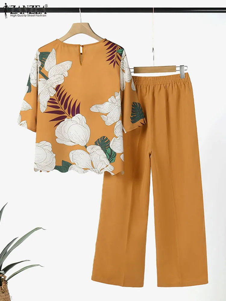 ZANZEA 2PCS Fashion Short Sleeve Floral Blouse Pant Sets Women Office Work Suit Summer Tracksuits Elegant Matching Sets Oversize
