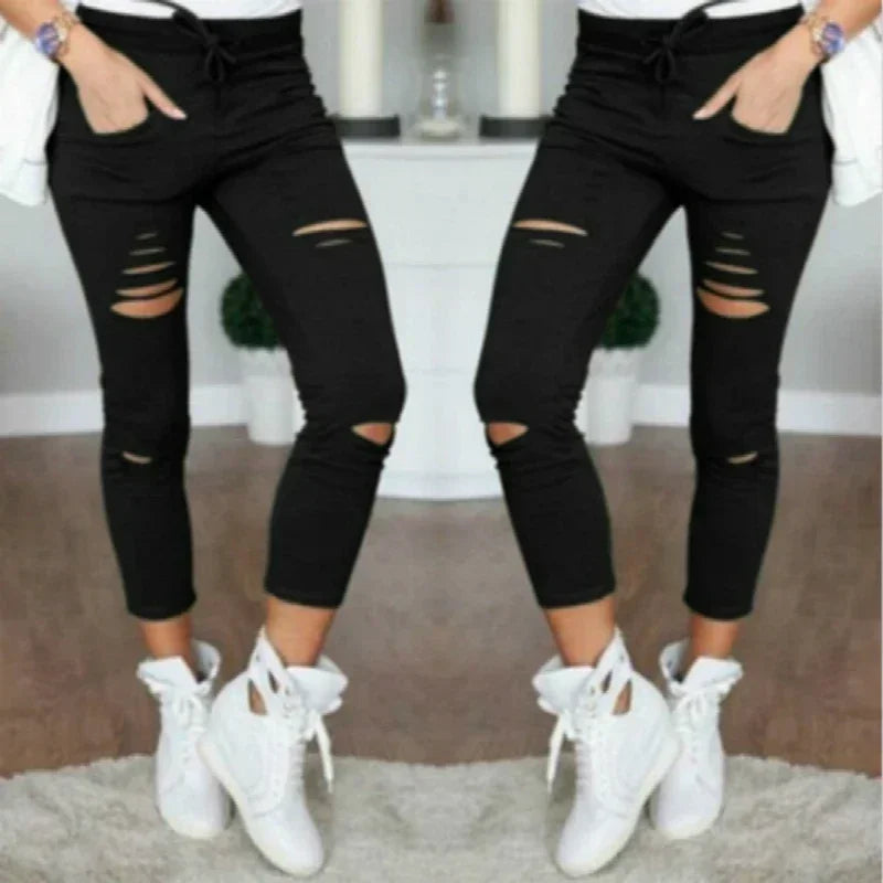 Women's plus Size Ripped Stretch Jeans Pencil Pants Casual Mid-Waist Ankle-Length Trousers