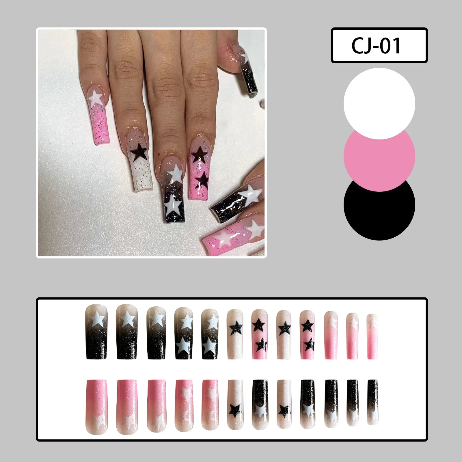 Concierge tier press-on nails set with pink, black, and white star designs, long coffin shape.