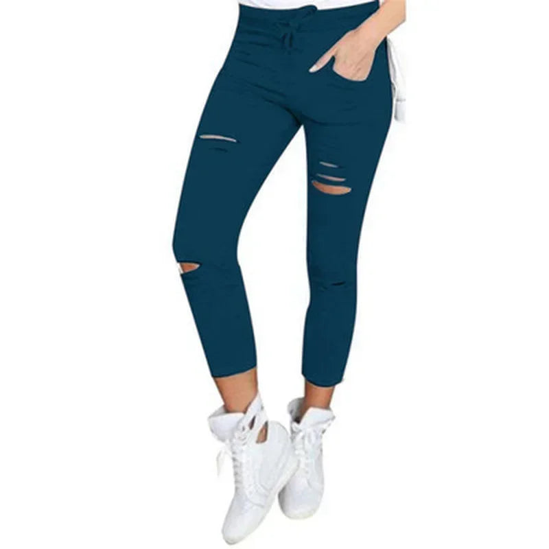 Women's plus Size Ripped Stretch Jeans Pencil Pants Casual Mid-Waist Ankle-Length Trousers