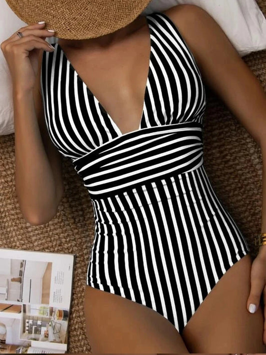 Striped V-neck One Piece Swimsuit Vintage Padded Swimwear Women Bathing Swimming Suit Female Backless Beachwear Bodysuit