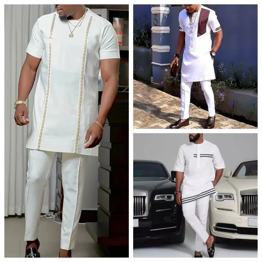 Three men modeling white premium traditional loungewear in tiered concierge styles.