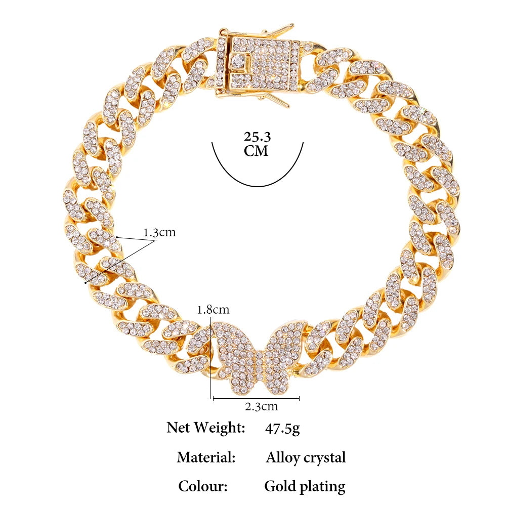 Fashion Shine Crystal Butterfly Miami Anklets for Women Iced Out Bling Link Chain Ankle Bracelet Beach Jewelry