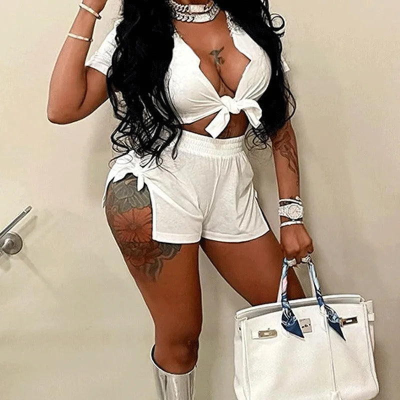 Echoine Women Solid Fashion Two Piece Set ShortSleeve Cardigan Tops and Shorts Suit Casual Sunscreen Party Sportswear Outfits