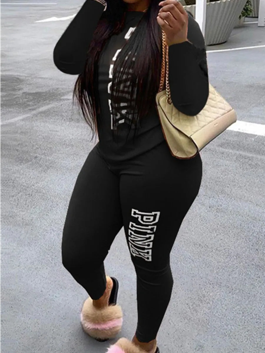 LW Fashion Women Autumn&Winter Pink Letter Print Long Sleeve Hoodies 2 Pieces Casual Track Suits Pants Set