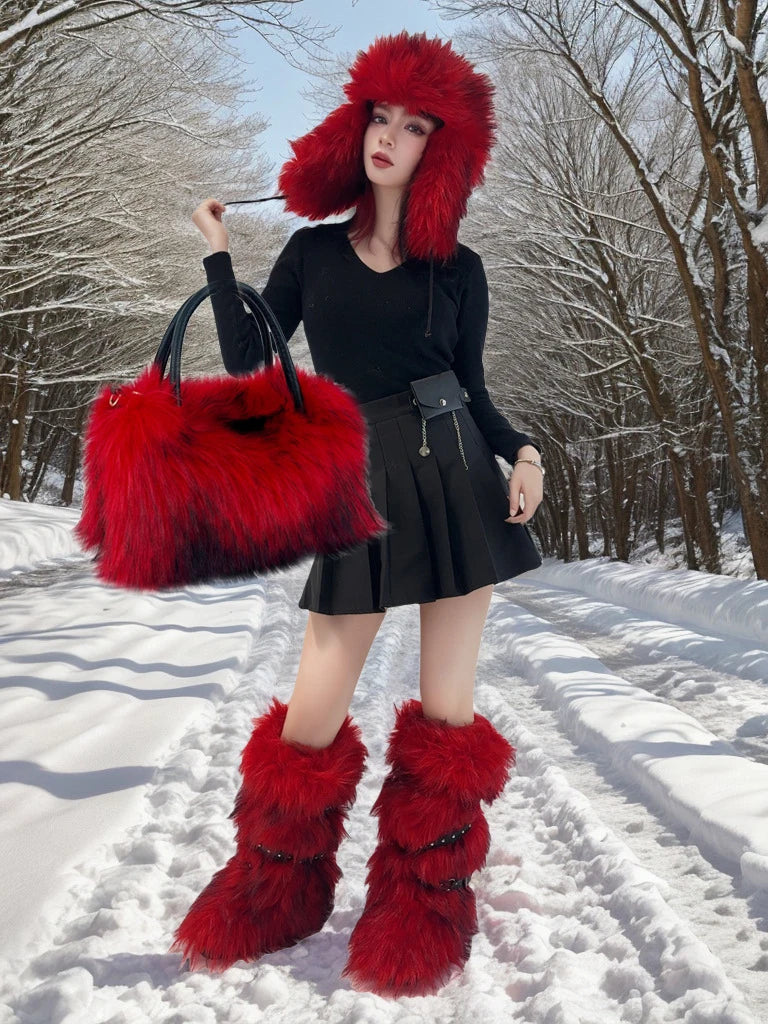 Women's Luxury Velvet Warm Fur Snow Boots Mid-Calf Imitation Raccoon Hair Handbag Two-Piece Set Fashionable Faux Fur Booties