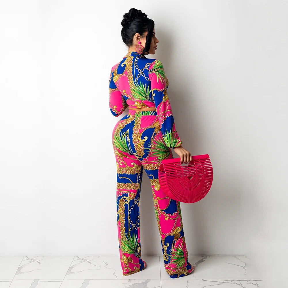 CM.YAYA Women's Paisley Chain 2 Piece Set Streetwear Outfits Tie up Shirt & Wide Leg Pants Luxury Junior Fit Autumn/Winter