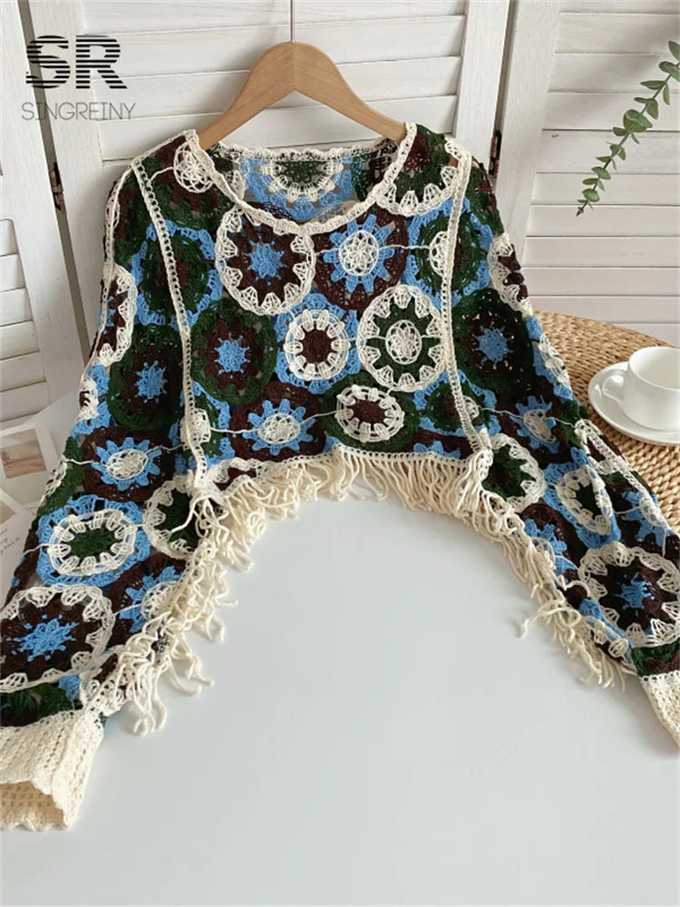 SINGREINY Loose Summer Knit Top Women Long Sleeve O Neck Fashion 2024 Elegant Hollow Out Ladies Casual Tassel Beach Blouse